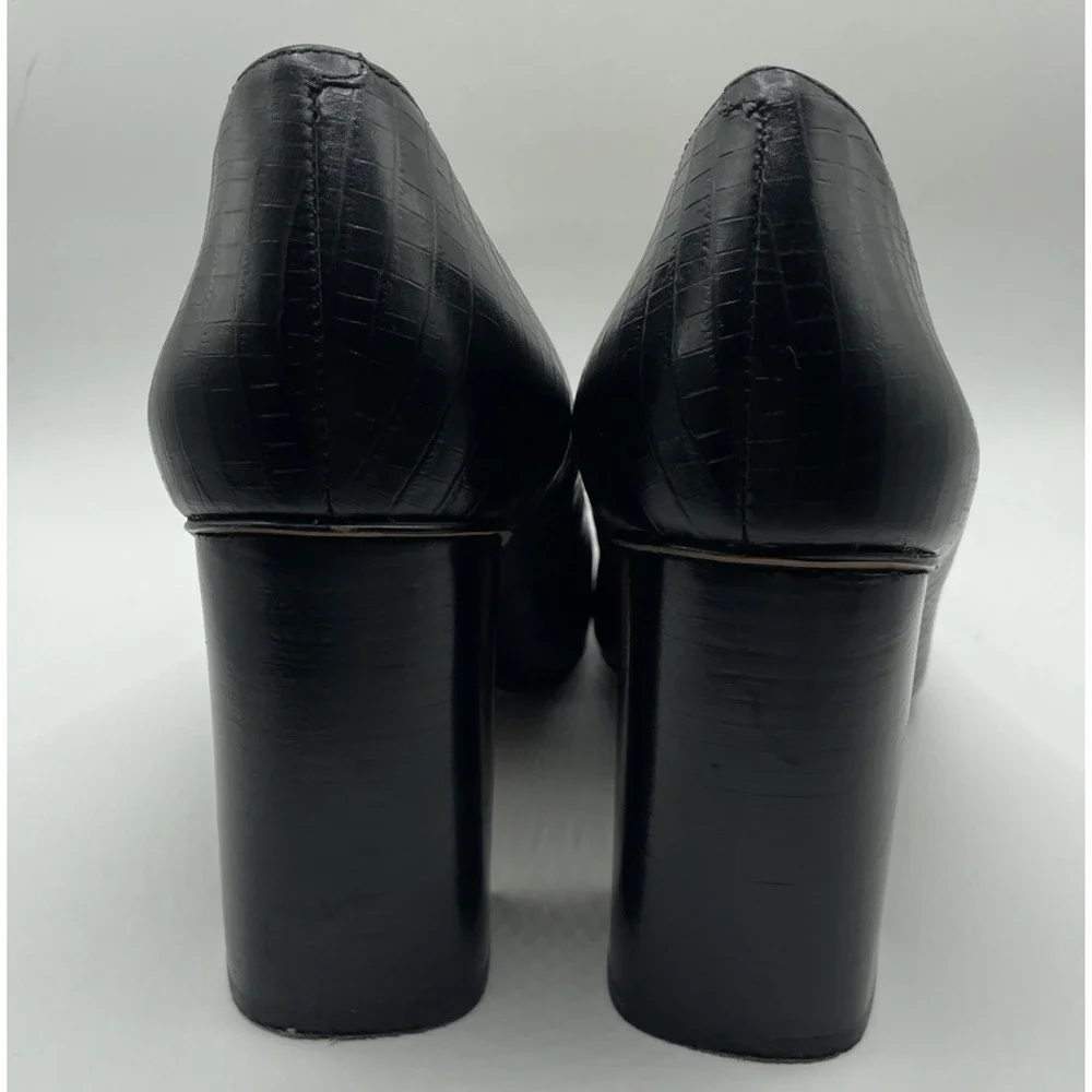 Nine West Block Heel Croc Embossed Black Leather Pumps Women's Size 9.5 M